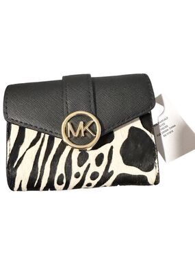 Michael Kors Carmen Leather Haircalf Medium Flap Bifold Wallet Bag Black, NWT